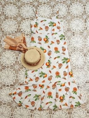 Linen Blend Orange Print Ruffle Tropical Vacation Maxi Sundress